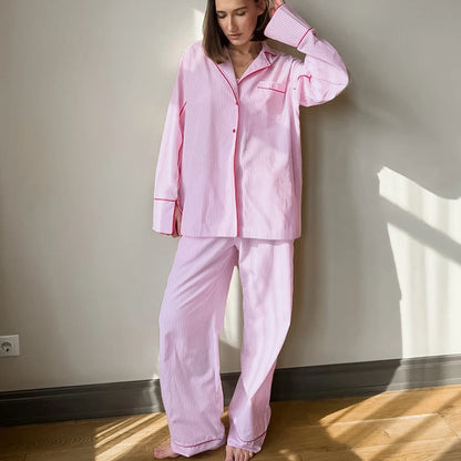 HiLoc Pink Casual Loose Woven Inelastic Pajamas 2 Piece Long Sleeve Lapel Single-Breasted Top Elastic Waist Full Length Pants