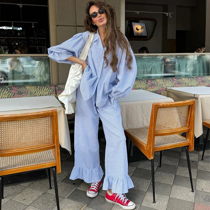 HiLoc Plaid Sleepwear Women Pajama Long Pants Sets Long Sleeve Casual 2 Pieces Night Wears Summer Korean Casual Home Suit 2026