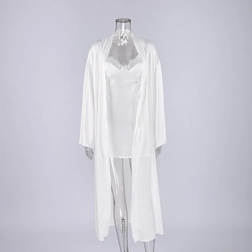 HiLoc 2026 Spring New Sexy Faux Silk Lace Pajama Set Women's Spaghetti Strap Nightdress Belted Robe 2 Piece Bridal Loungewear