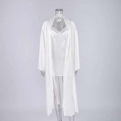 HiLoc 2026 Spring New Sexy Faux Silk Lace Pajama Set Women's Spaghetti Strap Nightdress Belted Robe 2 Piece Bridal Loungewear