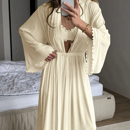 HiLoc Soft Drape Fabric Women's 3 Piece Pajama Set Ruffle Trim Cami Top Shorts With Belted Robe Sleepwear Loungewear Gift 2026
