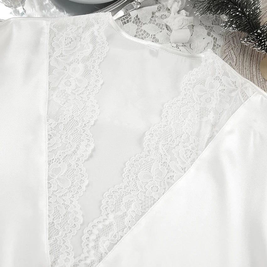 HiLoc 2025 Summer Sexy Lace Nightgown Robe With Belt Fashion Satin Long Sleeve Sleepwear Casual White Mini Dress For Women