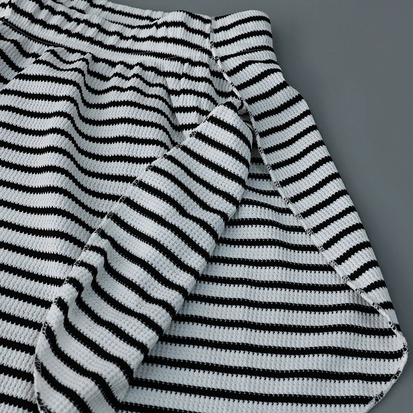 Hiloc Casual Knit Stripe Shorts Pajamas Sets Long Sleeve Home Wear Lace Up Top And Elastic Waist Shorts Sleepwear Knitted Outfit