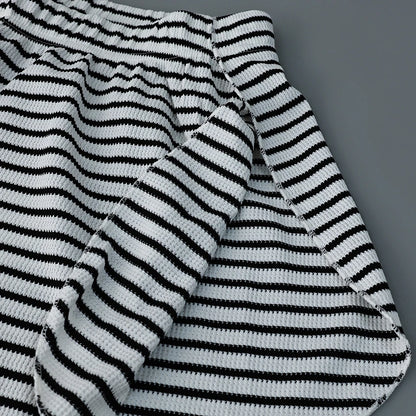 Hiloc Casual Knit Stripe Shorts Pajamas Sets Long Sleeve Home Wear Lace Up Top And Elastic Waist Shorts Sleepwear Knitted Outfit