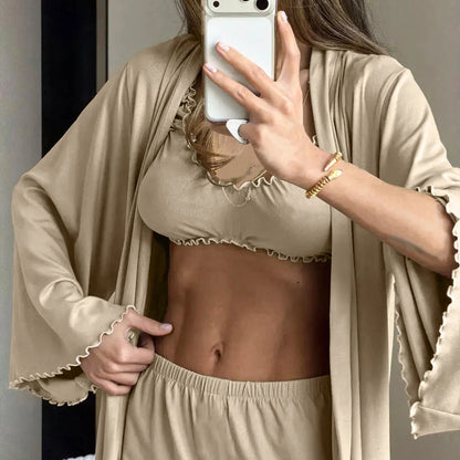 HiLoc Soft Drape Fabric Women's 3 Piece Pajama Set Ruffle Trim Cami Top Shorts With Belted Robe Sleepwear Loungewear Gift 2026