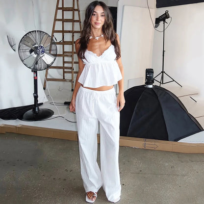 Hiloc Spaghetti Strap Vest Sleepwear With Wide Leg Pants  Pajamas 2 Piece Sets Spring Casual Ruffles Trousers Outfits Female