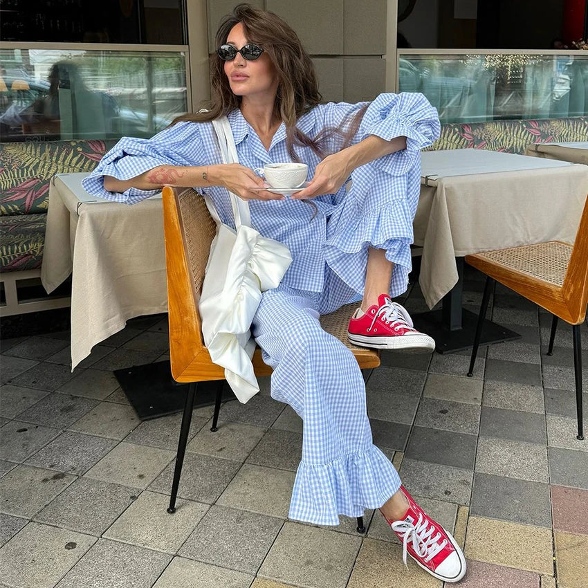 HiLoc Plaid Sleepwear Women Pajama Long Pants Sets Long Sleeve Casual 2 Pieces Night Wears Summer Korean Casual Home Suit 2026