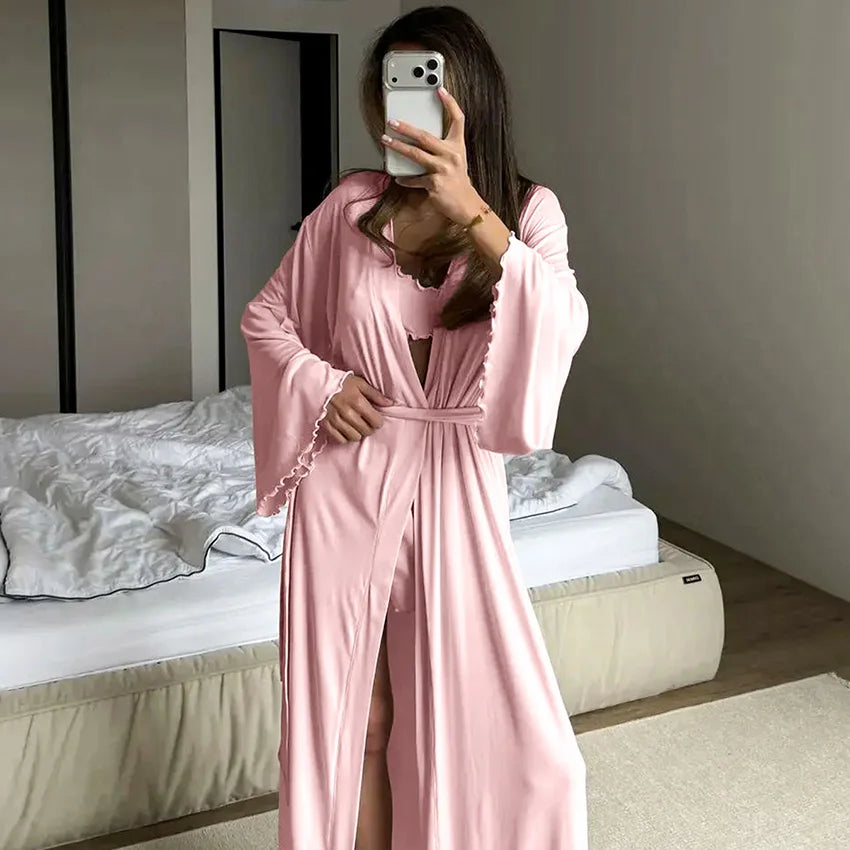 HiLoc Soft Drape Fabric Women's 3 Piece Pajama Set Ruffle Trim Cami Top Shorts With Belted Robe Sleepwear Loungewear Gift 2026