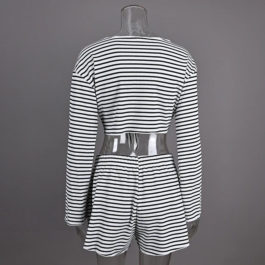 Hiloc Casual Knit Stripe Shorts Pajamas Sets Long Sleeve Home Wear Lace Up Top And Elastic Waist Shorts Sleepwear Knitted Outfit