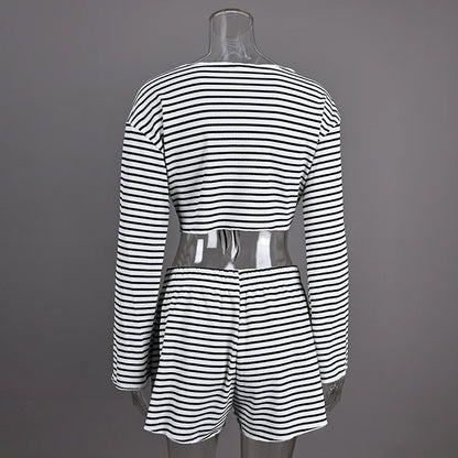 Hiloc Casual Knit Stripe Shorts Pajamas Sets Long Sleeve Home Wear Lace Up Top And Elastic Waist Shorts Sleepwear Knitted Outfit