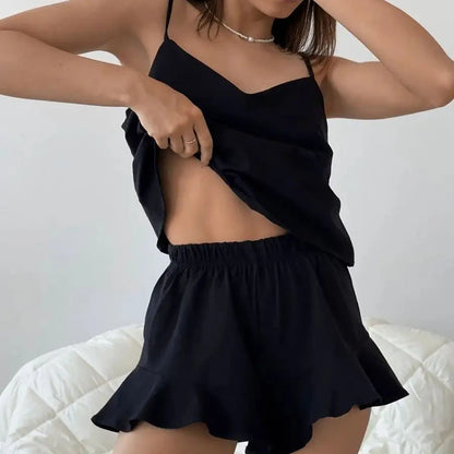 Hiloc Summer Elegant Satin Khaki Shorts Suits With Spaghetti Strap Sleeveless Two Piece Sets 2025 Casual Silk Pajamas Women