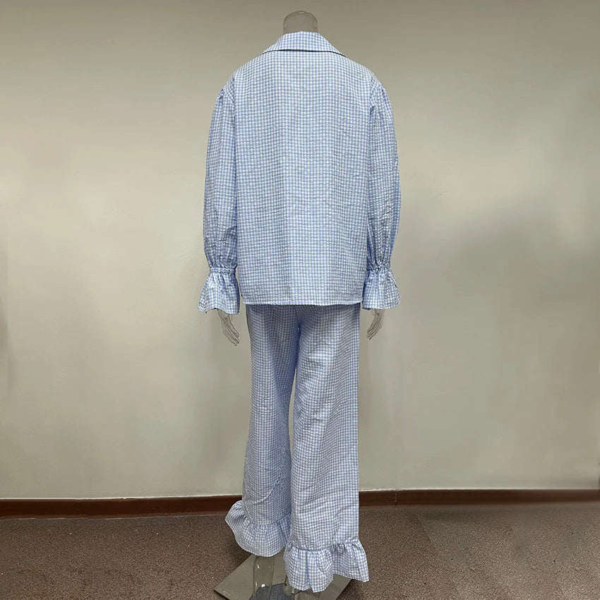 HiLoc Plaid Sleepwear Women Pajama Long Pants Sets Long Sleeve Casual 2 Pieces Night Wears Summer Korean Casual Home Suit 2026
