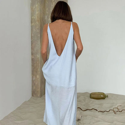HiLoc Casual Loose White Long Dress Robe 2025 New Summer V Neck Dresses For Women Spring Sleeveless Straight Robes Nightgown