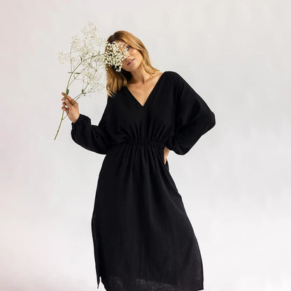 Hiloc Elegant Mid-Calf Blue Nightgowns Pure Cotton V-Neck Summer Lantern Sleeve Night Dress Folds Slit Pockets Nightdress Woman