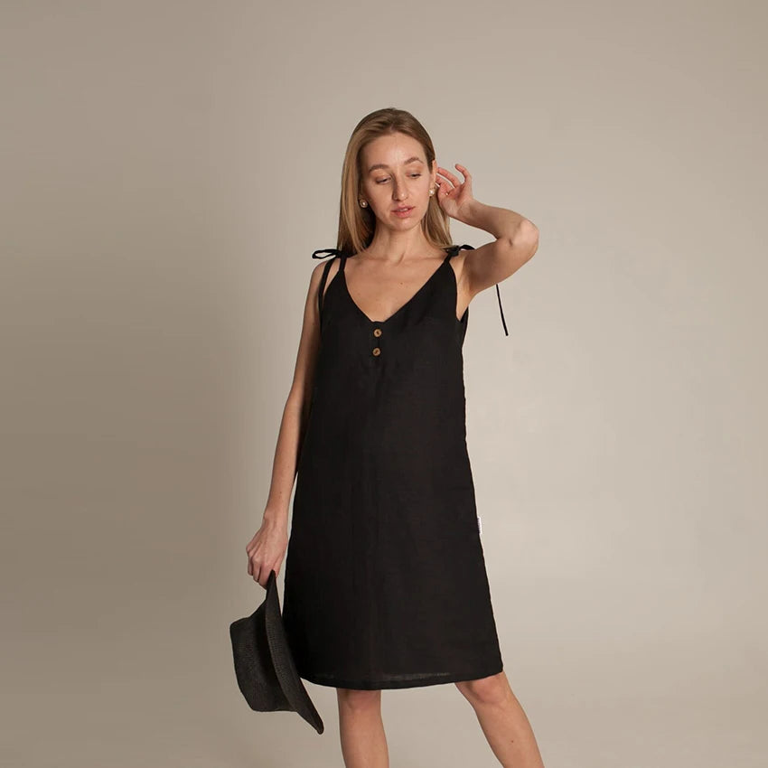 Hiloc Black Pure Cotton Sleeveless Woman Night Dress Loose Button Sleepdress Woven Spaghetti Strap Plunging Neckline Nightgowns