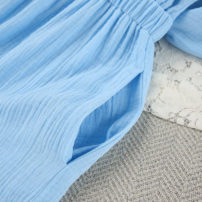 Hiloc Elegant Mid-Calf Blue Nightgowns Pure Cotton V-Neck Summer Lantern Sleeve Night Dress Folds Slit Pockets Nightdress Woman