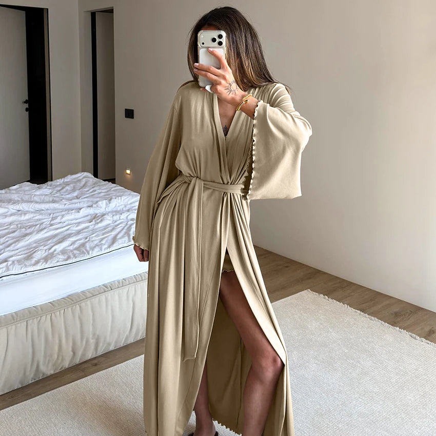 HiLoc Soft Drape Fabric Women's 3 Piece Pajama Set Ruffle Trim Cami Top Shorts With Belted Robe Sleepwear Loungewear Gift 2026