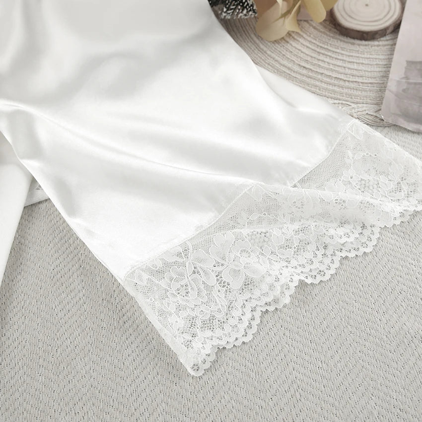 HiLoc 2025 Summer Sexy Lace Nightgown Robe With Belt Fashion Satin Long Sleeve Sleepwear Casual White Mini Dress For Women