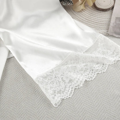 HiLoc 2025 Summer Sexy Lace Nightgown Robe With Belt Fashion Satin Long Sleeve Sleepwear Casual White Mini Dress For Women