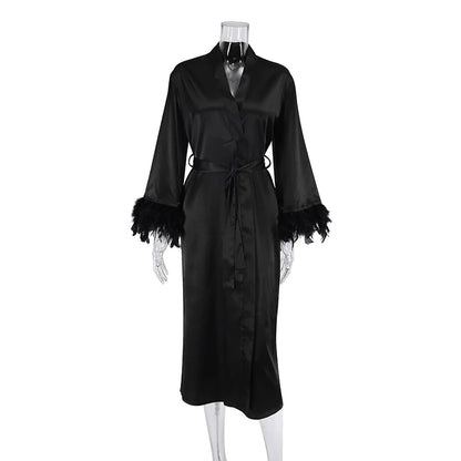 HiLoc 2025 Elegant Satin With Feather Long Robe Spring Sexy Lace Up White Silk Nightgown Female Home Wrap Robe Pajamas Women