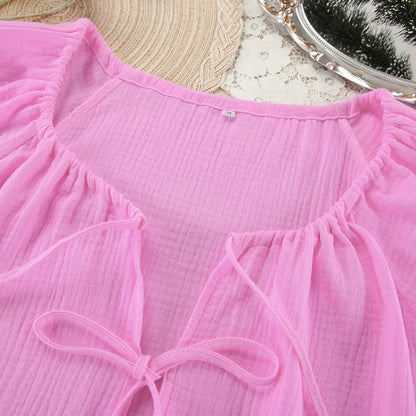 Hiloc Elegant Pink Lace-Up Lantern Sleeve Top Outfit Fitted High Waist Pure Cotton Shorts Suit Woman Drawstring Home Pajama Sets