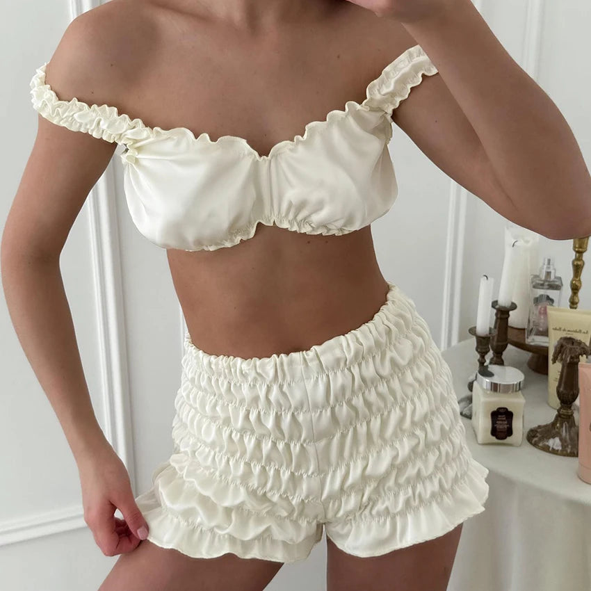 HiLoc Sexy Satin Sleepwear women's pajamas Crop Top Vest With Ruch Elastic Waist Shorts 2 Piece Sets Women Home Solid Suits