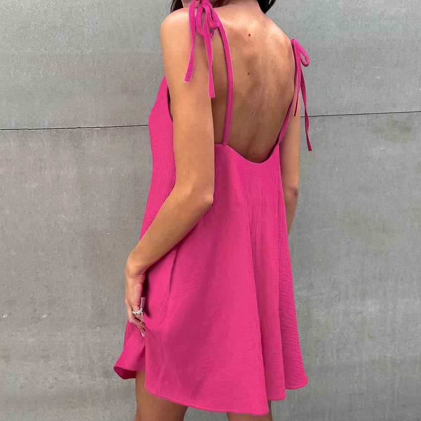 Hiloc Casual Cotton Spaghetti Strap Dress Sexy Rose Red Backless Robe Sleepwear Female 2025 Summer Solid Pajamas Woman Dresses