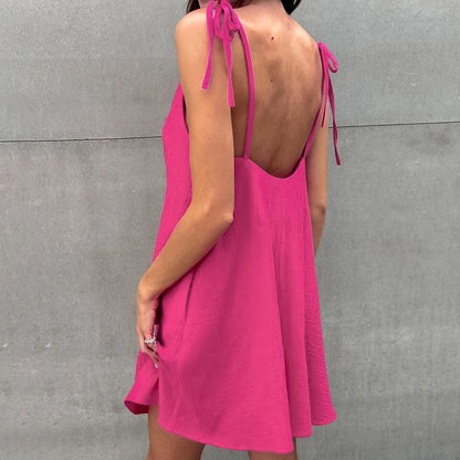 Hiloc Casual Cotton Spaghetti Strap Dress Sexy Rose Red Backless Robe Sleepwear Female 2025 Summer Solid Pajamas Woman Dresses