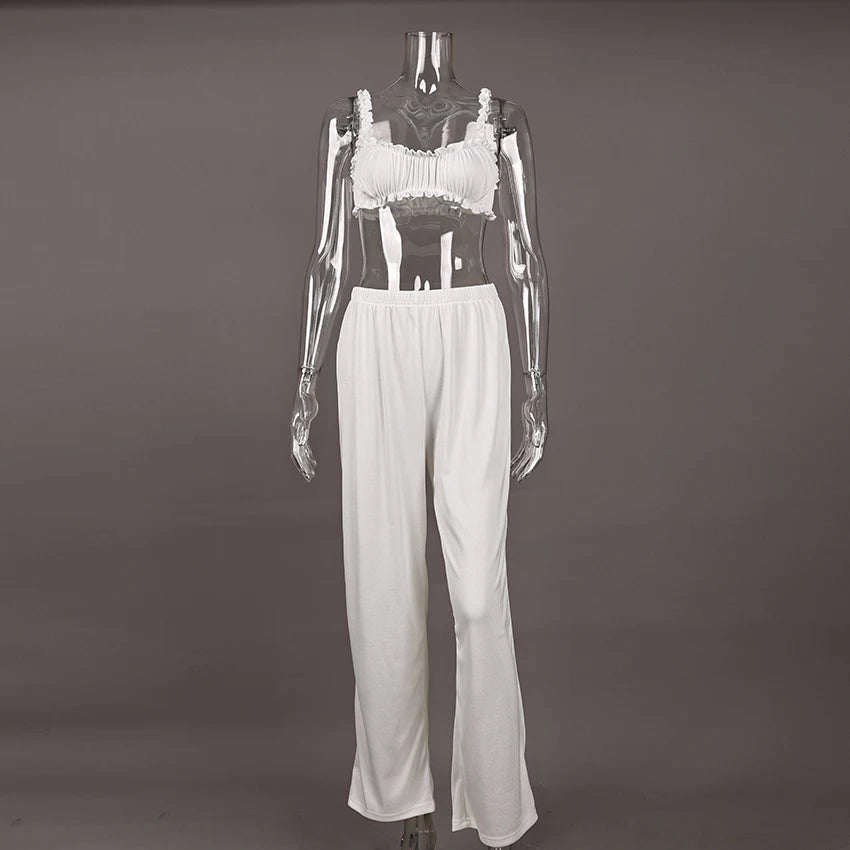 HiLoc Casual White Pants Sets With Ruffles Bra Pajamas For Women Summer Crop Top Sleepwear Wide Leg Pants Two Piece Sets 2025