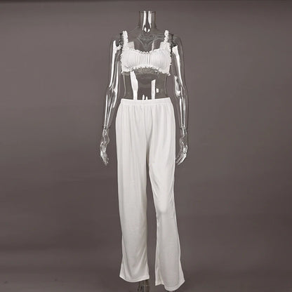 HiLoc Casual White Pants Sets With Ruffles Bra Pajamas For Women Summer Crop Top Sleepwear Wide Leg Pants Two Piece Sets 2025