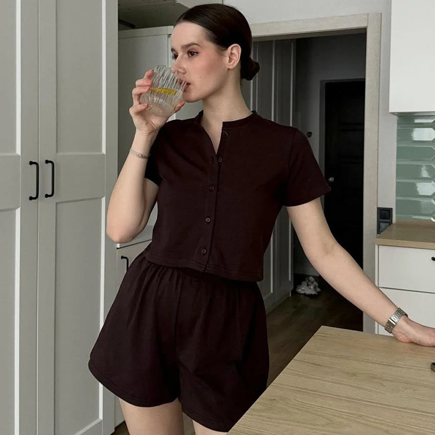Hiloc Brown Casual Loose Elastic Women'S Two-Piece Single-Breasted Short-Sleeved Top Elastic Waist Shorts 2026 Fall Shorts Suits