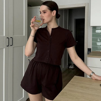 Hiloc Brown Casual Loose Elastic Women'S Two-Piece Single-Breasted Short-Sleeved Top Elastic Waist Shorts 2026 Fall Shorts Suits