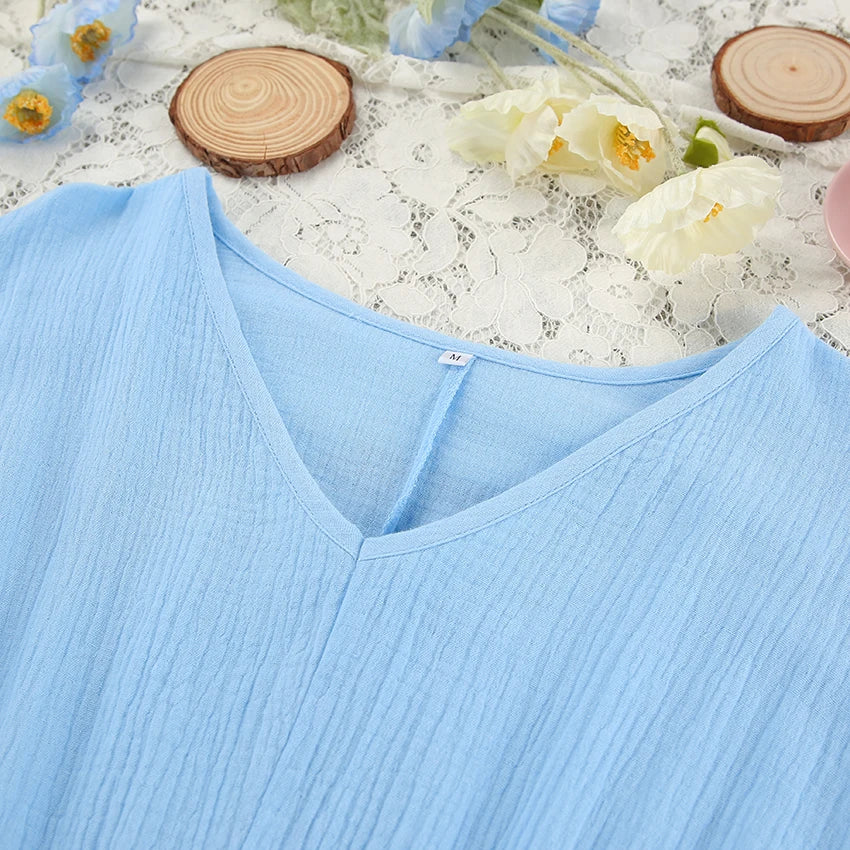 Hiloc Elegant Mid-Calf Blue Nightgowns Pure Cotton V-Neck Summer Lantern Sleeve Night Dress Folds Slit Pockets Nightdress Woman