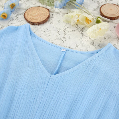 Hiloc Elegant Mid-Calf Blue Nightgowns Pure Cotton V-Neck Summer Lantern Sleeve Night Dress Folds Slit Pockets Nightdress Woman