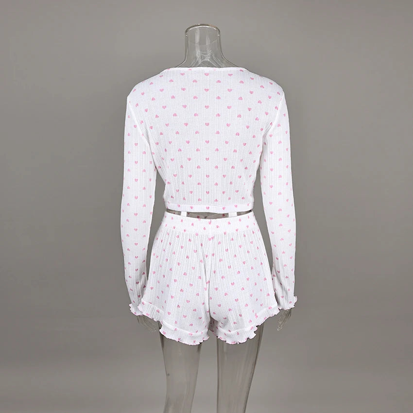 Hiloc Casual Knit Crop Top Print Pajamas Home Ruffles Tops With Wide Leg Shorts 2 Piece Sets O Neck Cute Sleepwear Female 2025