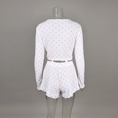 Hiloc Casual Knit Crop Top Print Pajamas Home Ruffles Tops With Wide Leg Shorts 2 Piece Sets O Neck Cute Sleepwear Female 2025