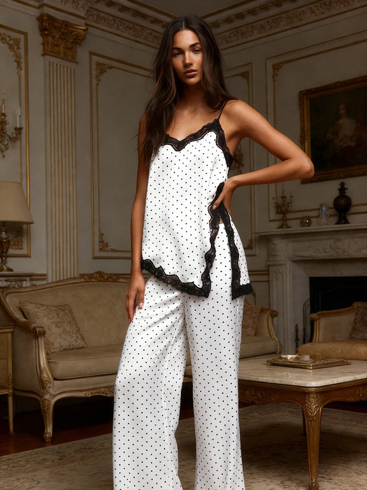 Hiloc Women 2 Piece Satin Polka Dot Pajama Set Black Lace Trim Cami Top Wide Leg Pants Sexy Elegant Loungewear Sleepwear Summer