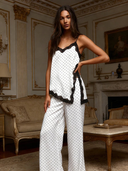 Hiloc Women 2 Piece Satin Polka Dot Pajama Set Black Lace Trim Cami Top Wide Leg Pants Sexy Elegant Loungewear Sleepwear Summer