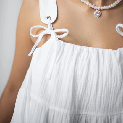 Hiloc White Pure Cotton Sweet Spaghetti Strap Mini Dress Summer Pullover Bow Backless Nightgowns Lace-Up Loose Night Dress Woman