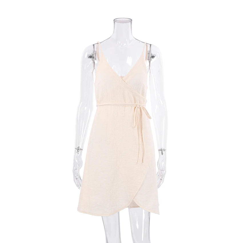 Hiloc Apricot Elegant Pure Cotton Short Dresses Summer Woven Loose High-Slit Lace-Up Nightgowns Spaghetti Strap Woman Sleepdress