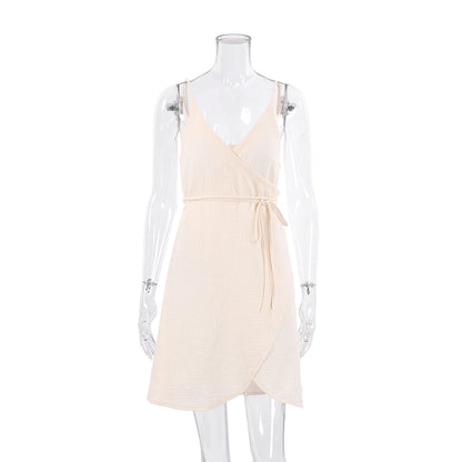 Hiloc Apricot Elegant Pure Cotton Short Dresses Summer Woven Loose High-Slit Lace-Up Nightgowns Spaghetti Strap Woman Sleepdress