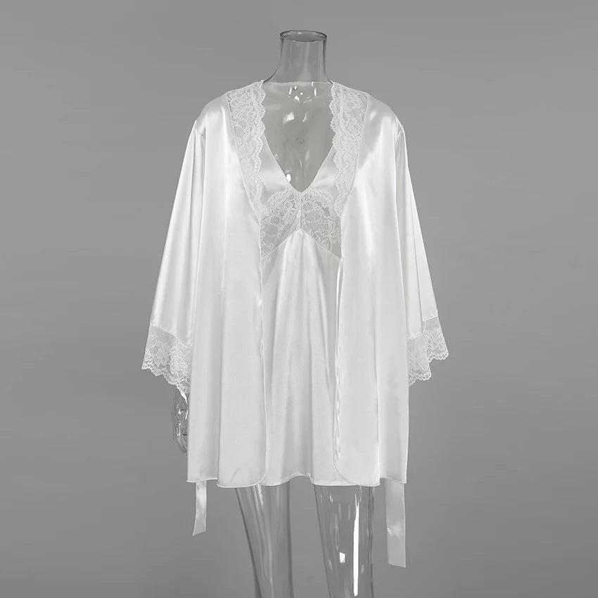 HiLoc 2025 Summer Sexy Lace Nightgown Robe With Belt Fashion Satin Long Sleeve Sleepwear Casual White Mini Dress For Women