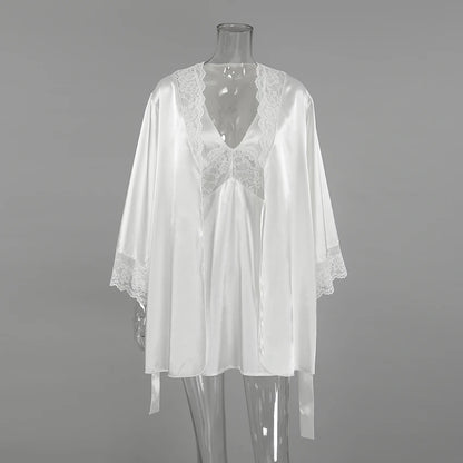 HiLoc 2025 Summer Sexy Lace Nightgown Robe With Belt Fashion Satin Long Sleeve Sleepwear Casual White Mini Dress For Women