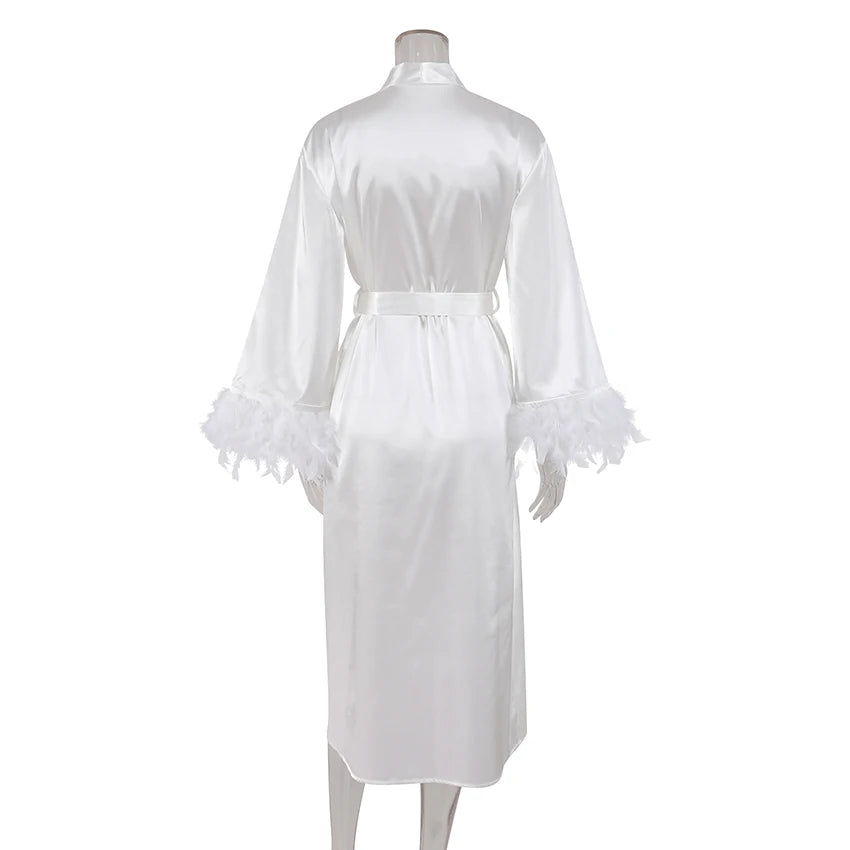 HiLoc 2025 Elegant Satin With Feather Long Robe Spring Sexy Lace Up White Silk Nightgown Female Home Wrap Robe Pajamas Women