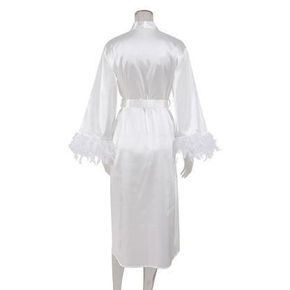 HiLoc 2025 Elegant Satin With Feather Long Robe Spring Sexy Lace Up White Silk Nightgown Female Home Wrap Robe Pajamas Women