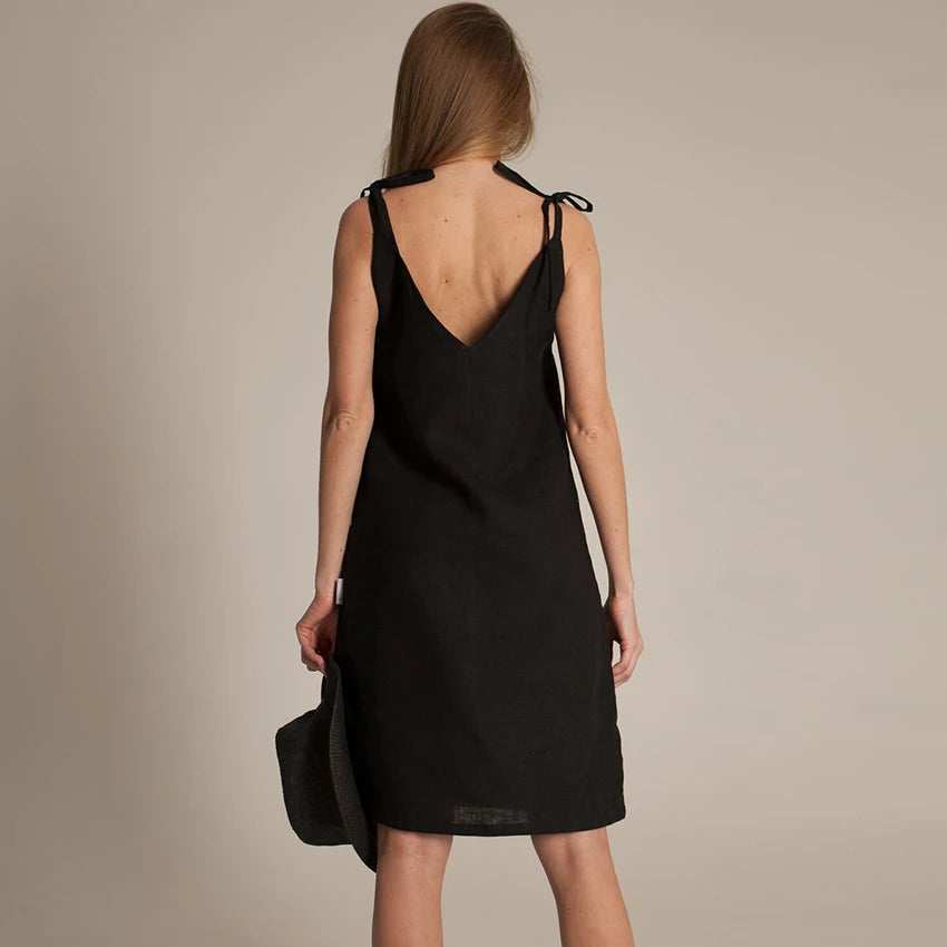 Hiloc Black Pure Cotton Sleeveless Woman Night Dress Loose Button Sleepdress Woven Spaghetti Strap Plunging Neckline Nightgowns