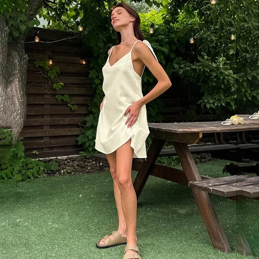 Hiloc Casual Cotton Spaghetti Strap Dress Sexy Rose Red Backless Robe Sleepwear Female 2025 Summer Solid Pajamas Woman Dresses