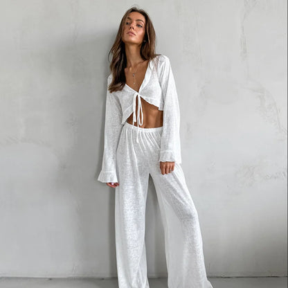 HiLoc Sexy V-Neck Knitted Thin Trousers Pajamas Women Casual Lace-Up Crop Tops With Loose Long Pants Sleepwears White Suits 2026