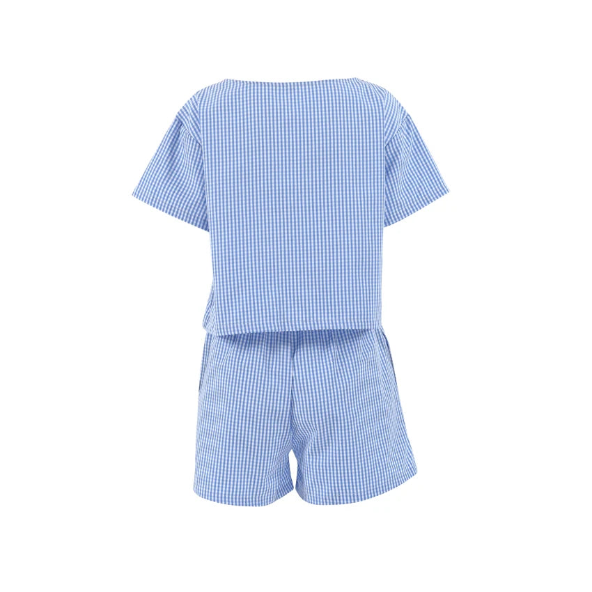 Hiloc Summer Blue Plaid Shorts Women's Sets Short Sleeve Home Suit For Women Round Neck Lacing Casual Lingerie For Ladies 2025