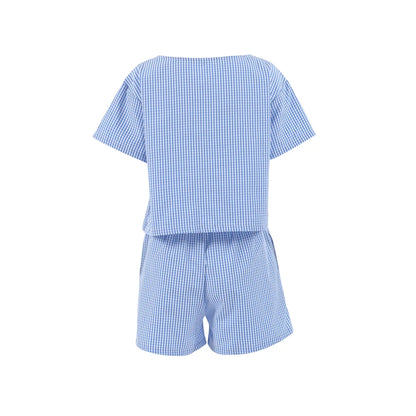 Hiloc Summer Blue Plaid Shorts Women's Sets Short Sleeve Home Suit For Women Round Neck Lacing Casual Lingerie For Ladies 2025